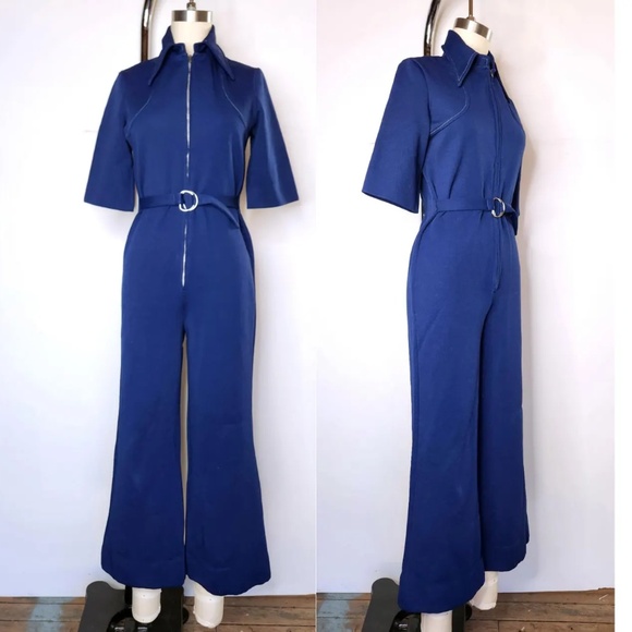 70s Blue JUMPSUIT Playsuit Pantsuit Wide Legs Long Front Zip Pointed Collar XS S